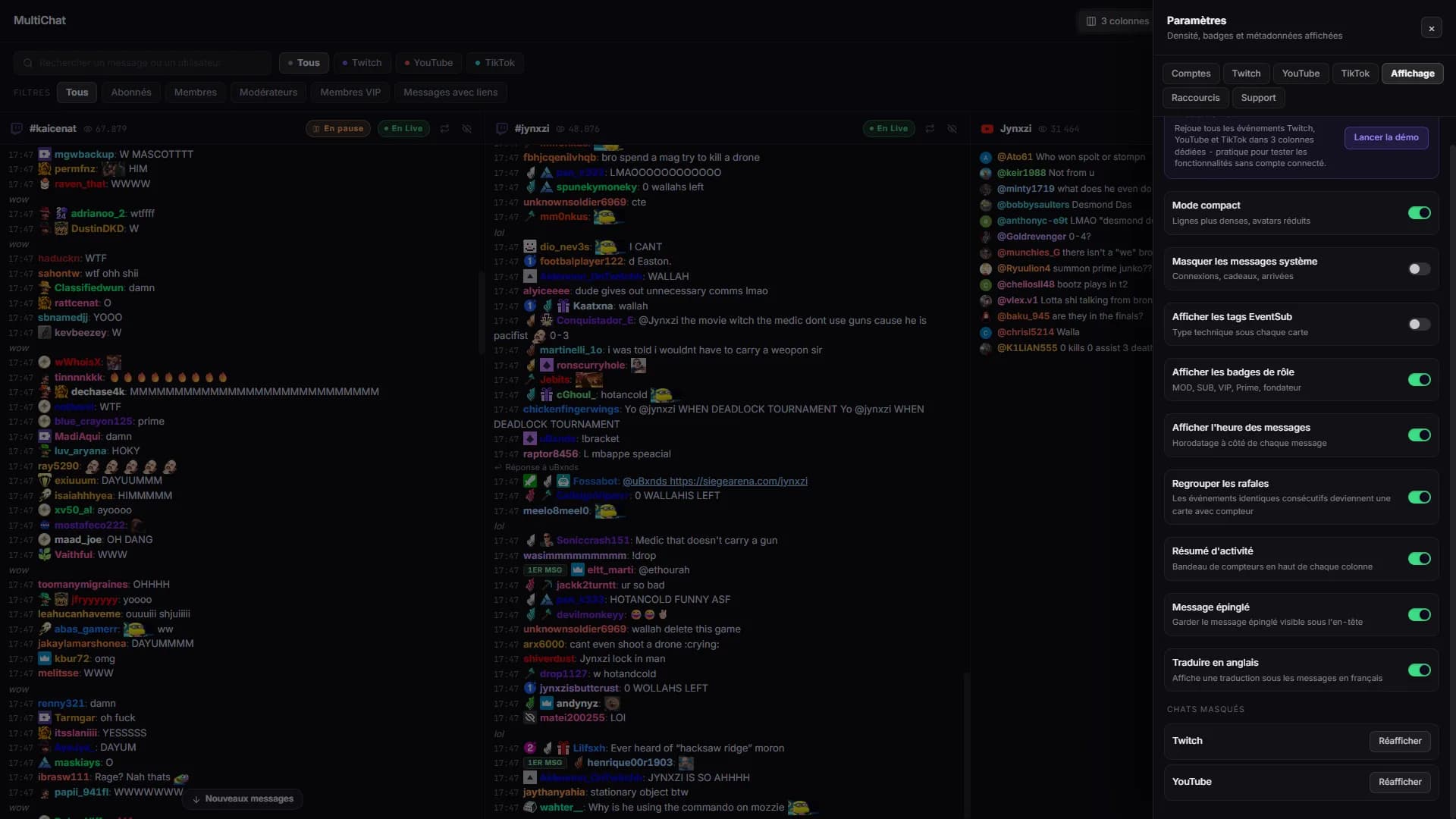 Multichat - 3 colonnes sur un live réel